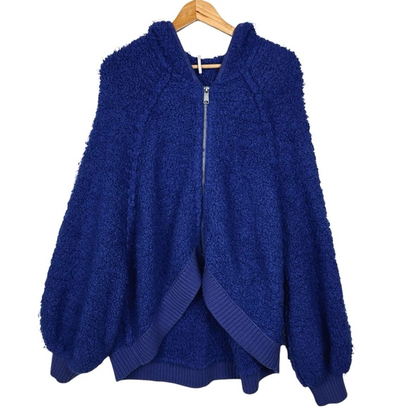 Free People Furry Time Oversized Hooded Zip Up Cozy Sweater Jacket Blue  L - Picture 15 of 15